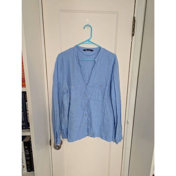 Zara Women's Long Sleeve Button Down V-Neck Linen Blend Top - Size XXL - Picture 1 of 7